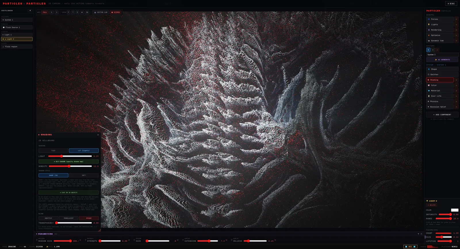 Sinextasis interface rendering a dense volumetric particle landscape in monochrome and amber with lighting and shading controls