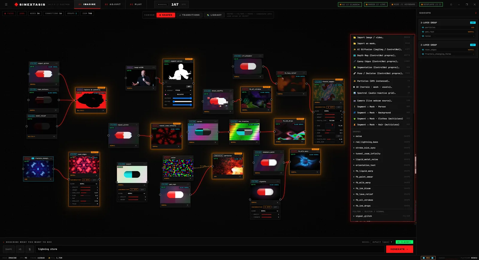 Node graph canvas connecting procedural generators, filters, and color transforms, with a prompt input bar reading 'lightning storm' beside a Generate button