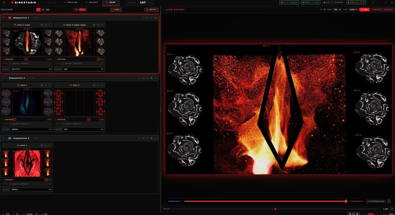 Live performance view featuring a grid of cued scenes on the left, live visual output on the right, and an A/B composition crossfader along the bottom