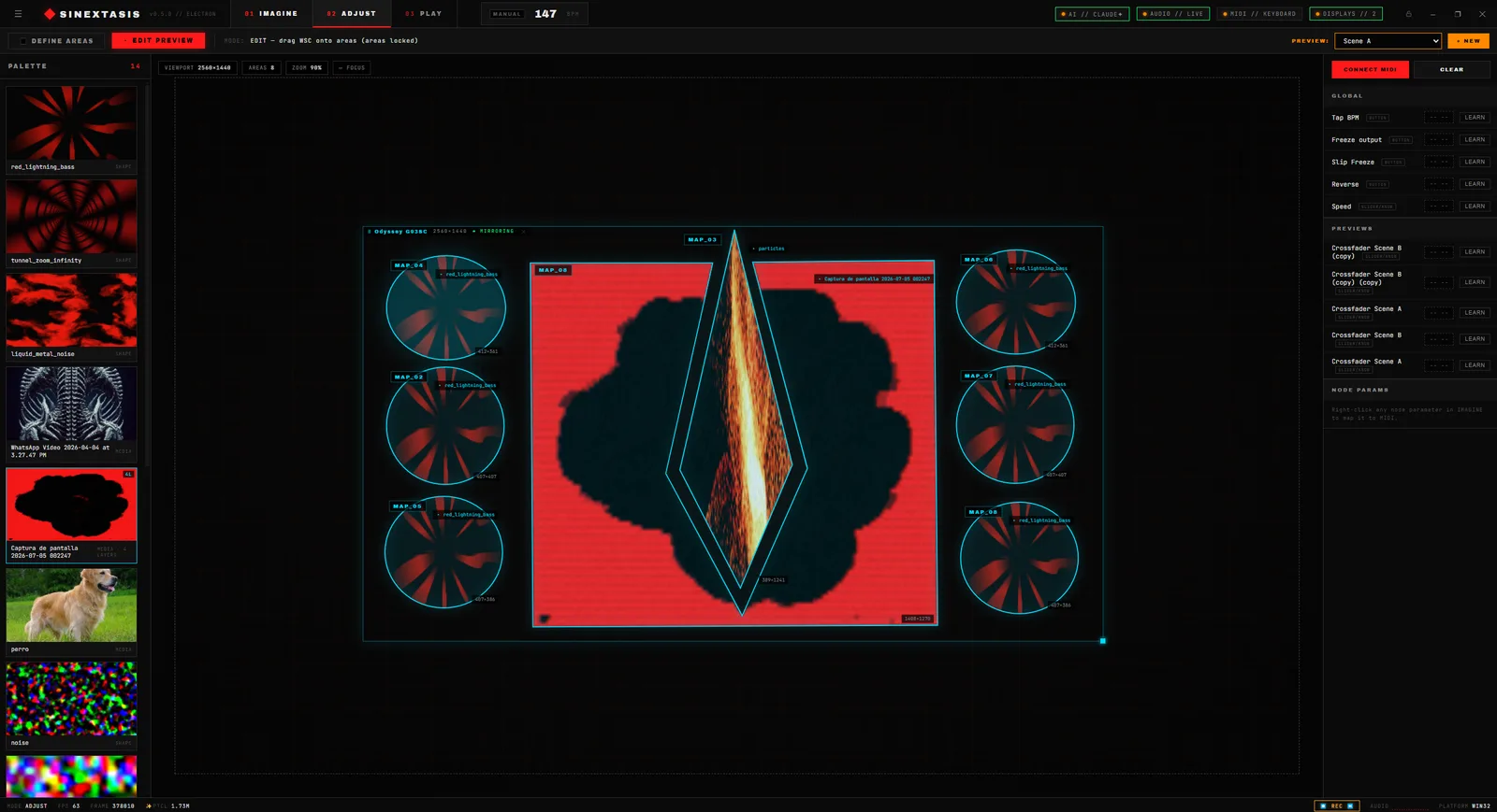 Stage projection mapping interface in Adjust mode, showing surface polygon outlines and corner-pin warps mapped across screens and geometric stage elements