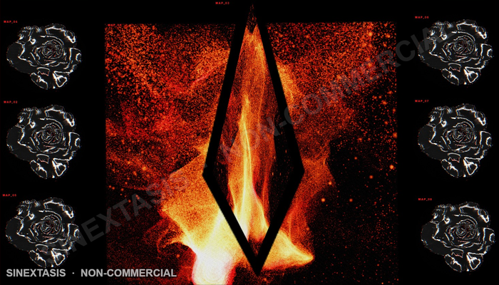 Full screen visual output featuring fiery amber particles and geometric stage facets, with the 'SINEXTASIS · NON-COMMERCIAL' watermark along the bottom edge